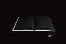 Load image into Gallery viewer, takkti limited notebook collection line art swirl design raw linen with a black print and black ribbon with black pages