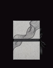 Load image into Gallery viewer, takkti limited notebook collection line art swirl design raw linen with a black print and black ribbon