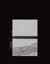 Load image into Gallery viewer, takkti limited notebook collection line art swirl design raw linen with a black print and black ribbon