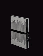 Load image into Gallery viewer, takkti limited notebook collection line art vertical lines design raw linen with a black print and black ribbon with black pages