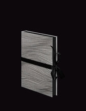 Load image into Gallery viewer, takkti limited notebook collection line art waves design raw linen with a black print and black ribbon with black pages