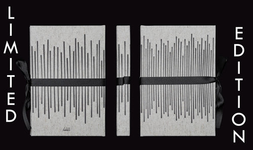 takkti limited notebook collection line art vertical lines design raw linen with a black print and black ribbon