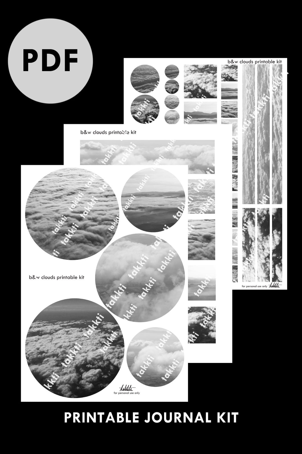 black and white clouds printable kit PDF - takkti