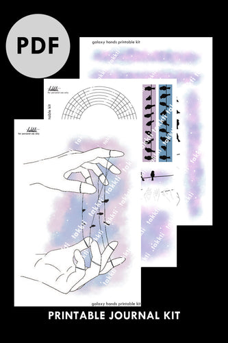 printable pdf bullet journal kit trackers galaxy hands theme black birds